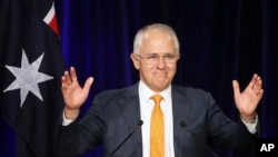 FILE - Australian Prime Minister Malcolm Turnbull addresses party supporters during a rally in Sydney, July 3, 2016.