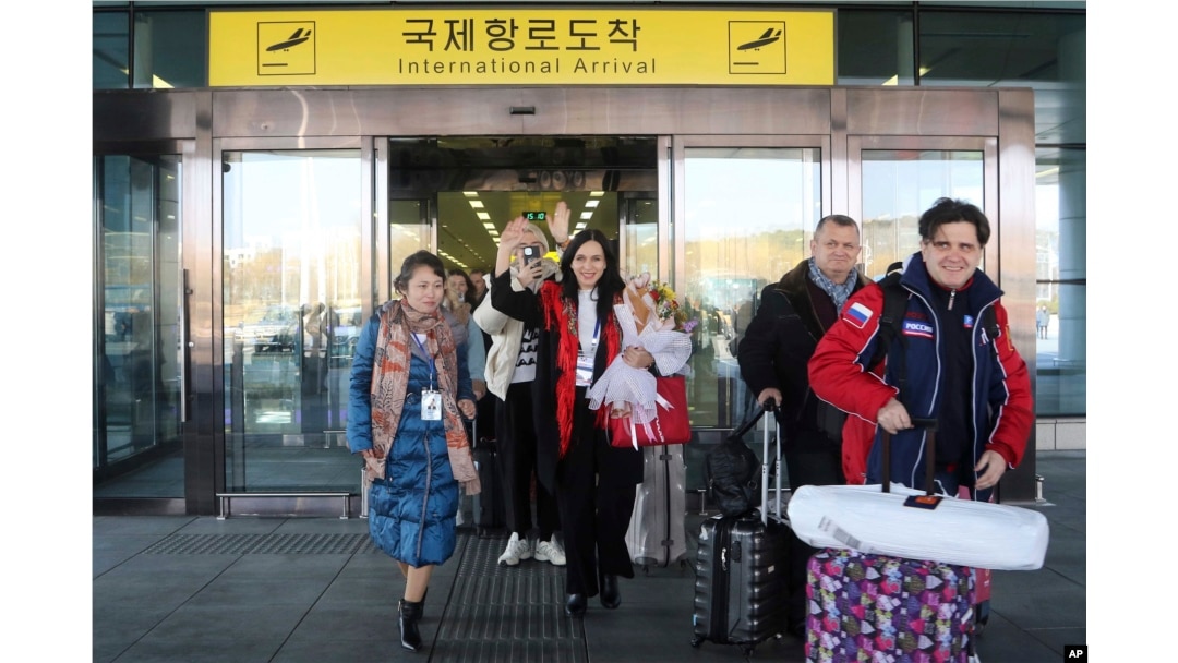 A group of Russian tourists, likely the first foreign travelers from any country to enter North Korea since the pandemic arrive at the Pyongyang International Airport in Pyongyang, North Korea, Feb. 9, 2024.