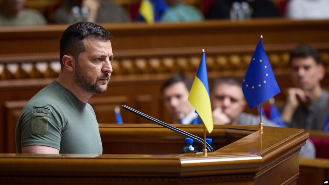 FILE - In this photo provided by the Ukrainian Presidential Press Office, Ukrainian President Volodymyr Zelenskyy addresses lawmakers of the Ukrainian parliament, in Kyiv, June 28, 2023. 