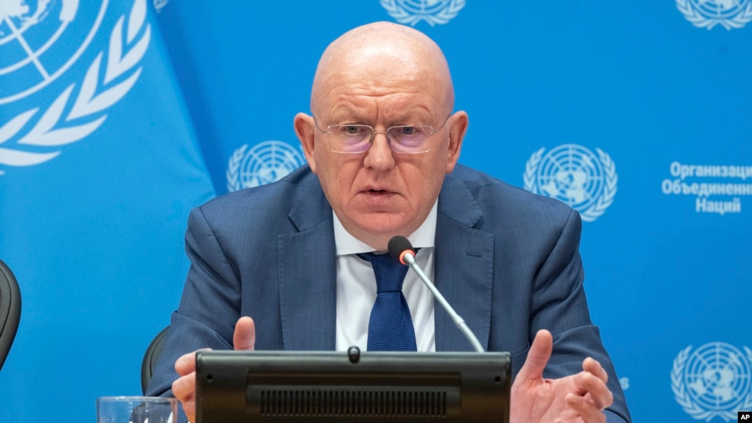 In this photo provided by the United Nations, Ambassador Vassily Nebenzia, permanent representative of the Russian Federation, and president of the Security Council for the month of July, briefs reporters at the U.N., July 1, 2024.