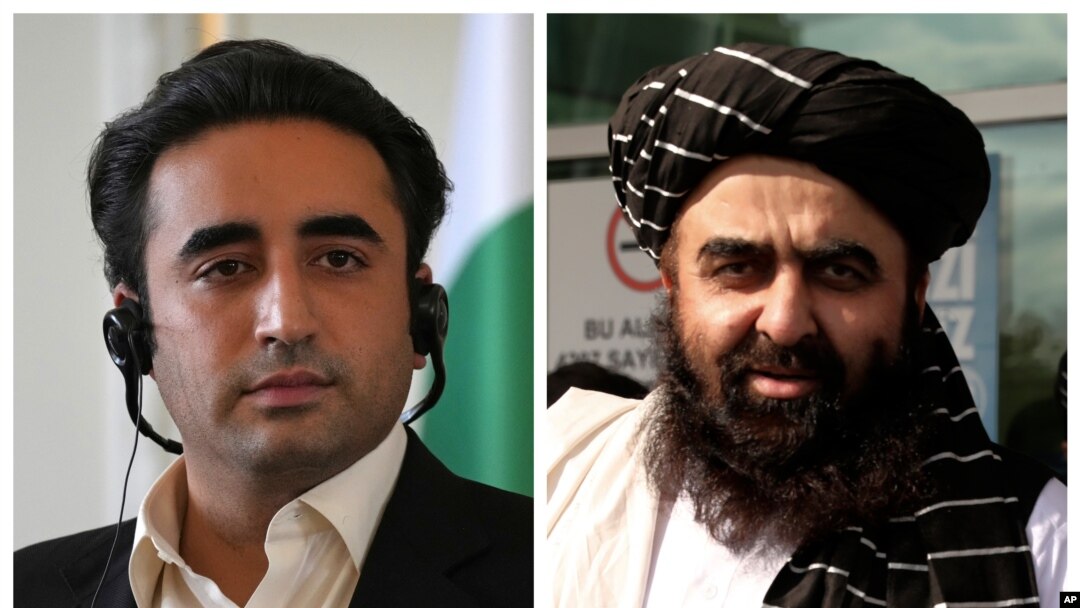 A combination image shows Pakistani Foreign Minister Bilawal Bhutto Zardari, left, in a June 14, 2022, photo, as Taliban Foreign Minister Amir Khan Muttaqi is seen in a Oct. 14, 2021, photo.