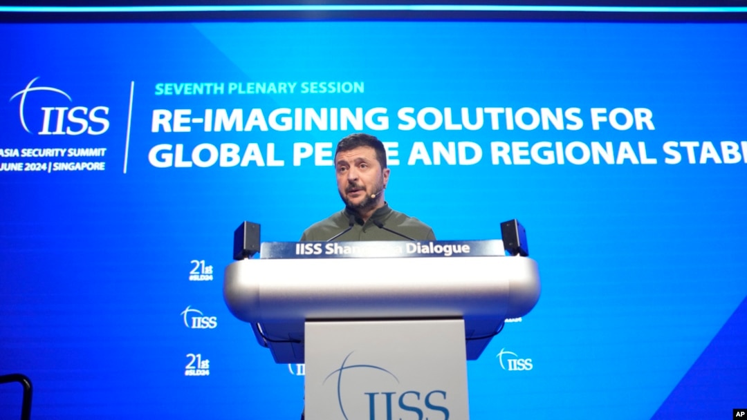Ukraine's President Volodymyr Zelenskyy speaks during the 21st Shangri-La Dialogue summit at the Shangri-La Hotel in Singapore, June 2, 2024. 