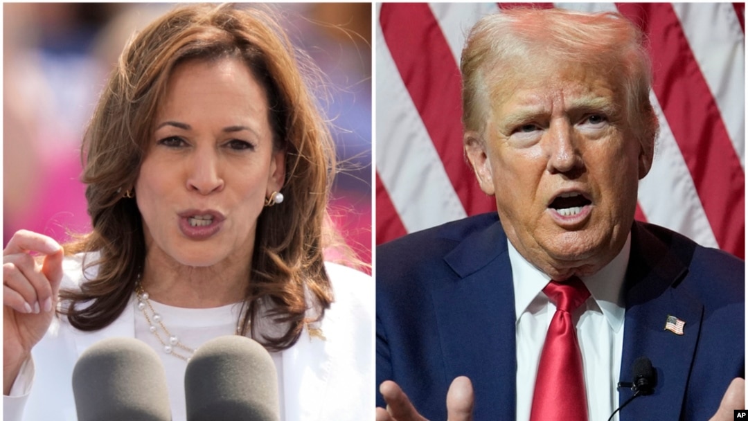 FILE - This combination of photos shows Vice President Kamala Harris on Aug. 7, 2024 and Republican presidential candidate former President Donald Trump on July 31, 2024. Both are campaigning in the swing state of Pennsylvania on Oct. 14, 2024. 