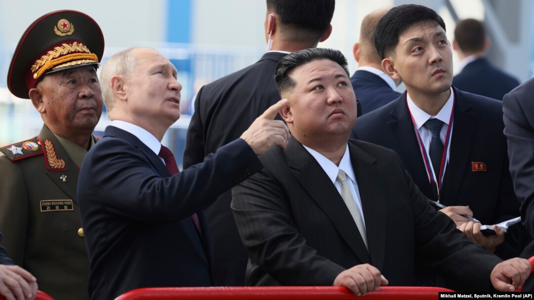 FILE - Russian President Vladimir Putin and North Korean leader Kim Jong Un examine a launch pad at the Vostochny cosmodrome, about 200 kilometers (125 miles) from Blagoveshchensk, Russia, Sept. 13, 2023. (Mikhail Metzel, Sputnik, Kremlin Pool Photo via AP)