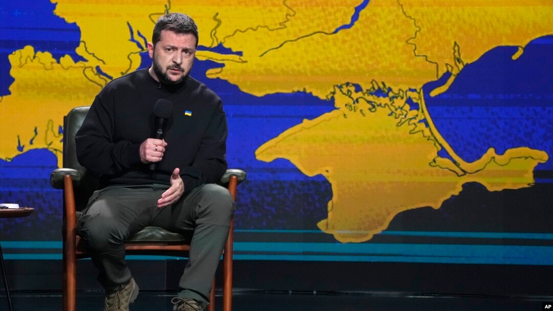 Ukrainian President Volodymyr Zelenskyy speaks during his end-of-the-year news conference in Kyiv, Ukraine, Dec. 19, 2023.