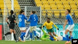 South Africa's Thembi Kgatlana celebrates after scoring her side's third goal during the Women's World Cup Group G soccer match between South Africa and Italy in Wellington, Aug. 2, 2023.