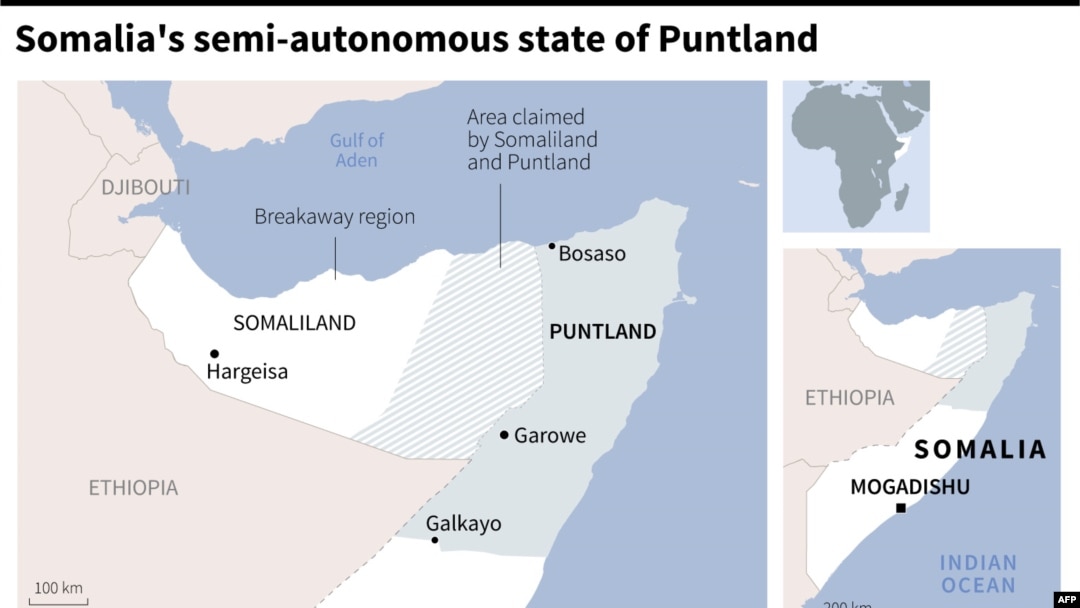 Map of northern Somalia showing the semi-autonomous state of Puntland, the breakaway region of Somaliland, and the area claimed by both territories. Residents in Puntland cast votes in local elections on Thursday, despite an opposition boycott.