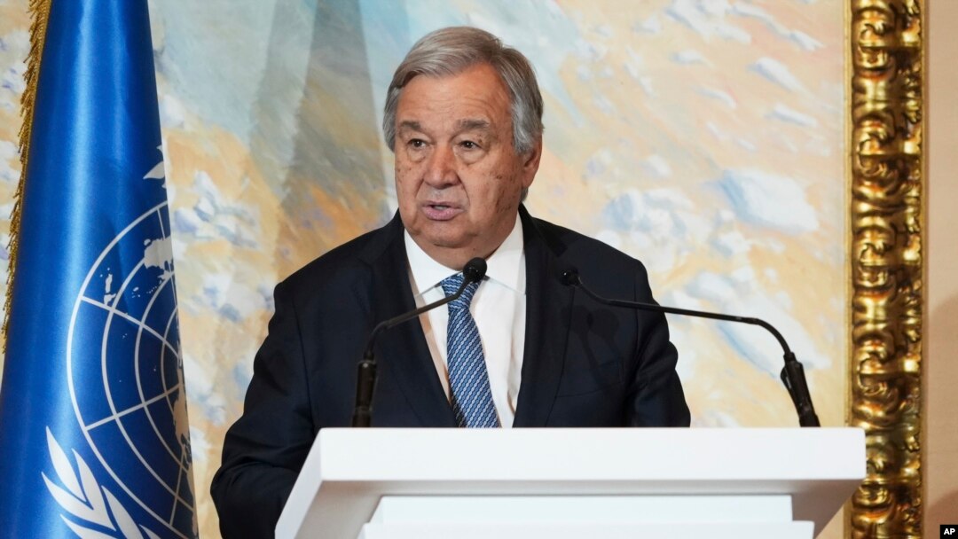 United Nations Secretary-General Antonio Guterres gives an address after a closed-door summit on Afghanistan in Doha, Qatar, May 2, 2023. 