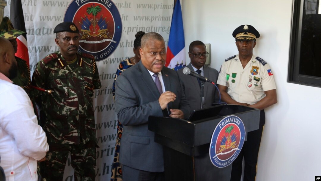 Haiti's Prime Minister Garry Conille speaks during a press conference at his official residence in Port-au-Prince, Haiti, June 25, 2024.