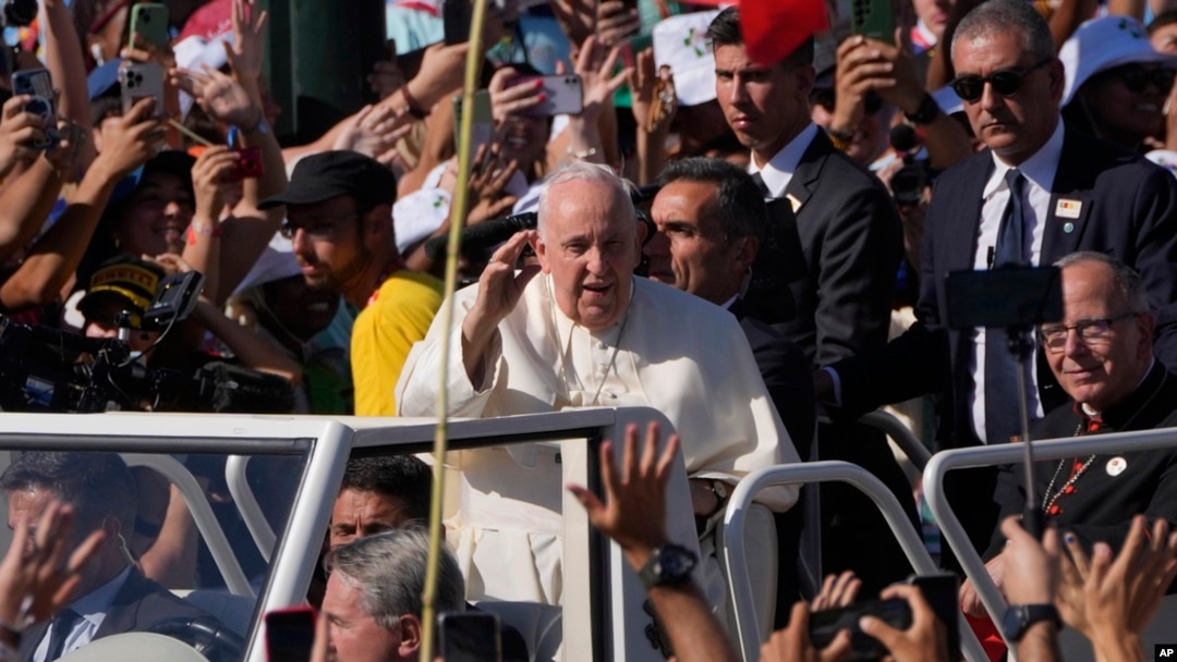 Pope Francis arrives at Lisbon's Parque Eduardo VII to preside over a "Via Crucis" (Way of the Cross) with young people participating into Sunday's 37th World Youth Day in the Portuguese capital, Aug. 4, 2023.