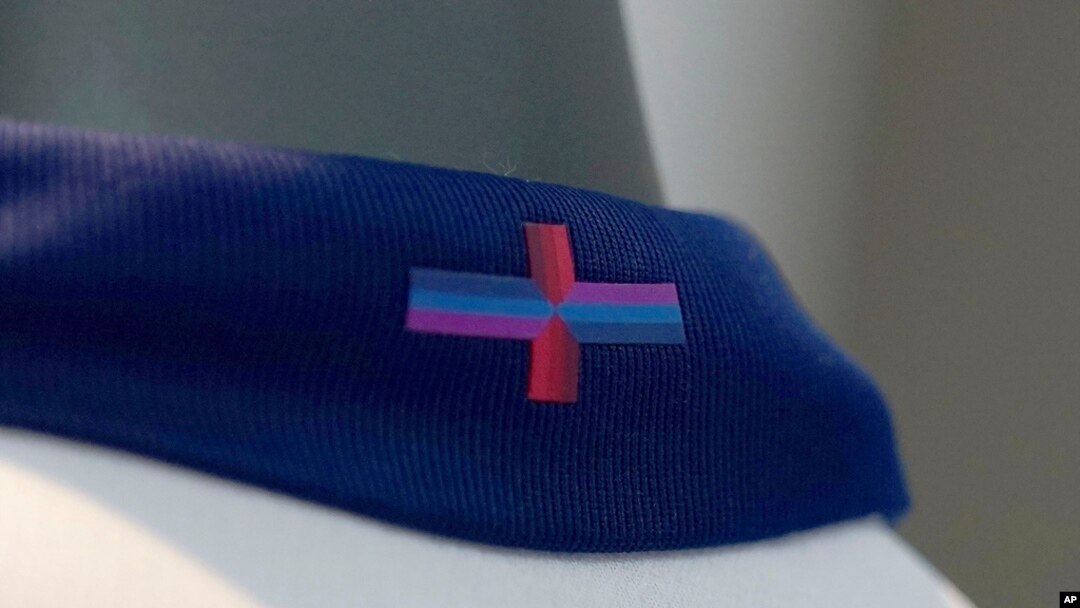 A view of Nike's designed St George's Cross on the back of the collar of the new England shirt at St. George's Park, Burton upon Trent, England, March 22, 2024. 