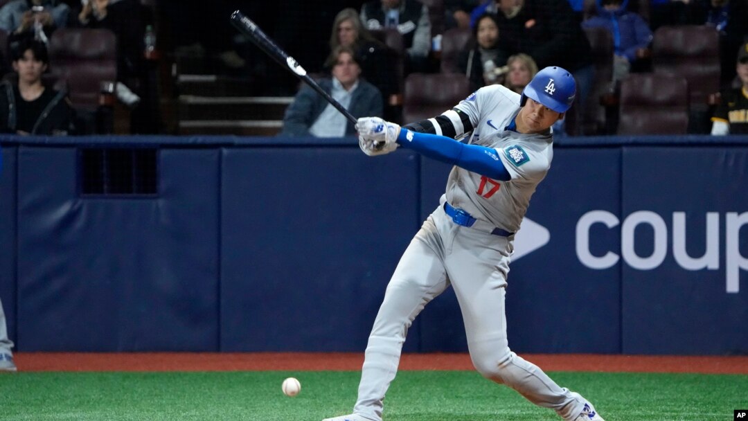 Los Angeles Dodgers designated hitter Shohei Ohtani grounds out during the seventh inning of an opening day baseball game against the San Diego Padres at the Gocheok Sky Dome in Seoul, South Korea, March 20, 2024. 