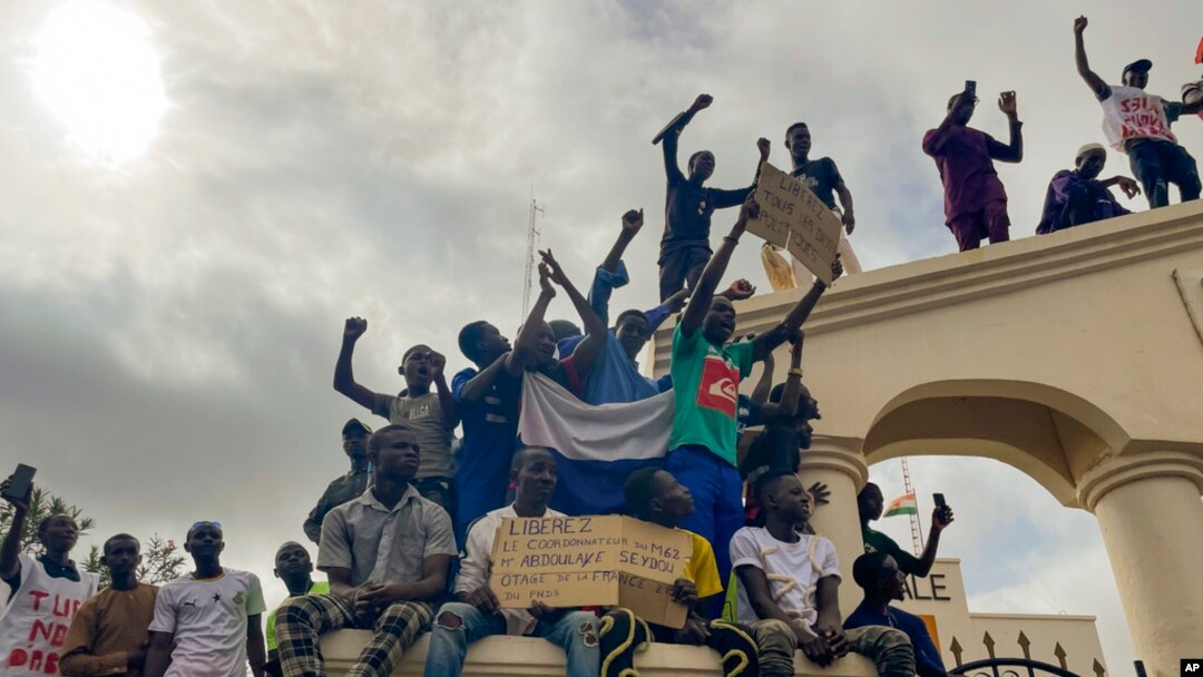 FILE - Supporters of Niger's ruling junta gather at the start of a protest called to fight for the country's freedom and push back against foreign interference in Niamey, Niger, Aug. 3, 2023.
