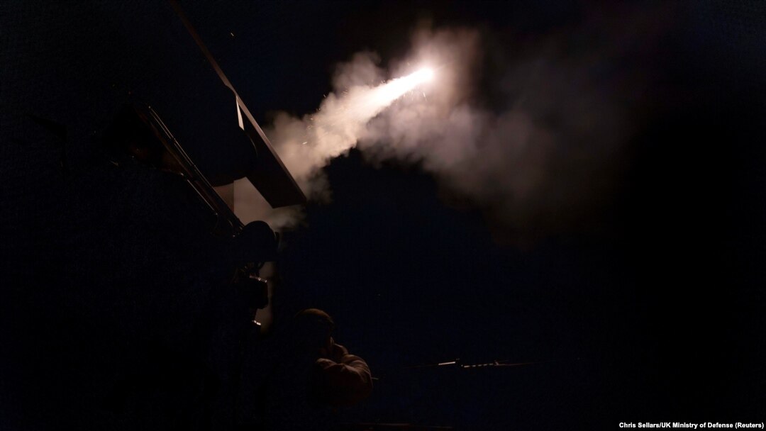 HMS Richmond, protecting merchant shipping in the Red Sea from Houthi rebel attacks, fires missiles to shoot down hostile Houthi drones heading toward the ship on the Red Sea, March 9, 2024. (Chris Sellars/UK Ministry Of Defense/Handout via Reuters)