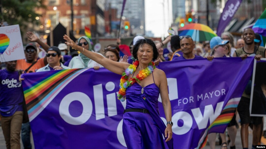 FILE - Olivia Chow, who is running in Toronto's mayoral election, turns out to support LGBTQ rights during the Pride march in Toronto, Ontario, Canada June 25, 2023. 