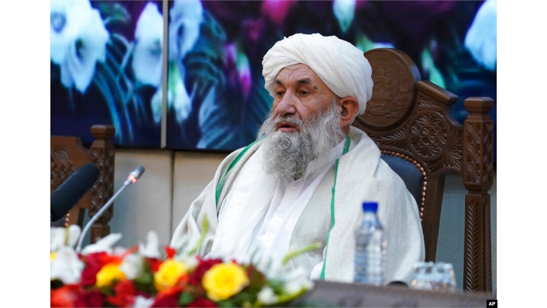 FILE - Taliban Prime Minister Mullah Hassan Akhund speaks at the former Presidential Palace in Kabul, Afghanistan, Jan. 19, 2022.