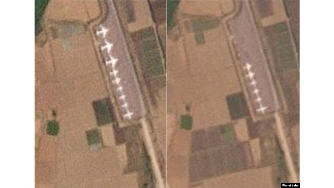 평양 순안공항 남쪽 활주로의 계류장을 비교한 15일(왼쪽)과 17일 위성사진. Il-76 수송기 3대가 사라진 장면(오른쪽)을 볼 수 있다. 자료=Planet Labs