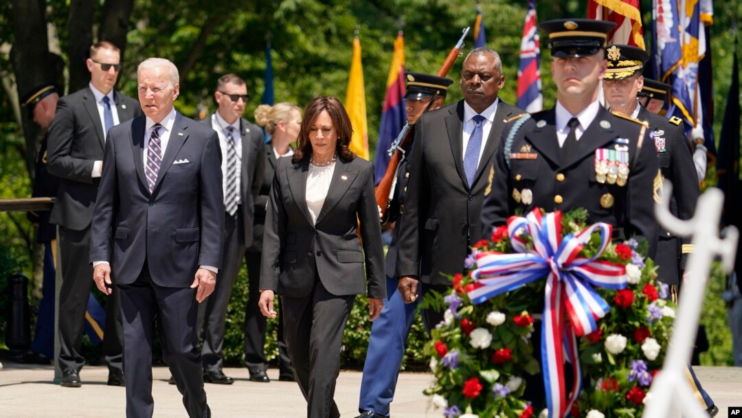 President Joe Biden arrives with Vice President Kamala Harris and Defense Secretary Lloyd Austin to lay a wreath at The Tomb of the Unknown Soldier at Arlington National Cemetery on Memorial Day, May 30, 2022, in Arlington, Virginia. 