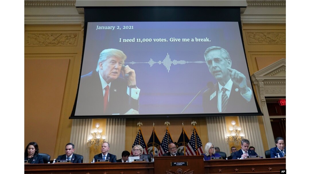 A video presentation plays as the House select committee investigating the Jan. 6 attack on the U.S. Capitol holds its final meeting on Capitol Hill in Washington, Dec. 19, 2022.