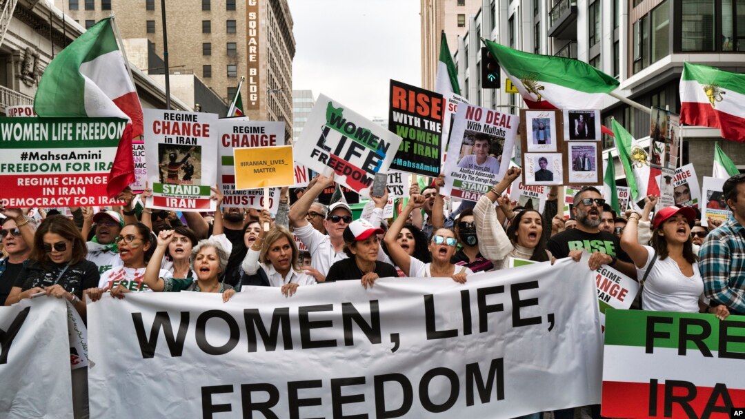 FILE - People in Los Angeles march to protest against the Iranian regime following the death of Mahsa Amini in the custody of the Islamic republic's 'morality police' on Oct. 22, 2022. 