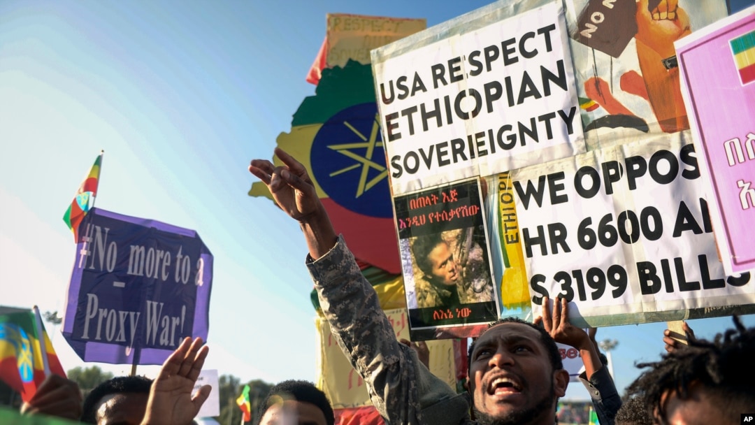 Ethiopians protest against what they say is interference by outsiders in the country's internal affairs, at a rally organized by the city administration in the capital Addis Ababa, Ethiopia, Oct. 22, 2022.