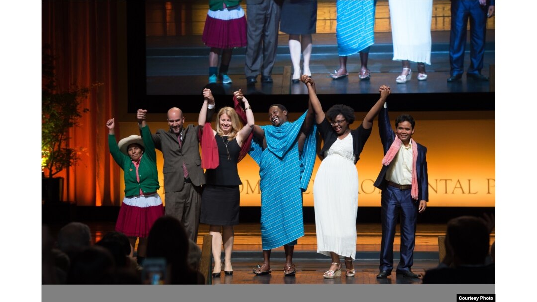 The six Goldman Environmental Prize winners, from left, Maxima Acuna for South and Central America; Luis Herrera for Island Nations; Zuzana Caputova for Europe; Edward Loure for Africa; Destiny Watford for North America; and Leng Ouch for Asia, were honored in San Francisco, April 18, 2016. (Courtesy photo: Goldman Environmental Prize)