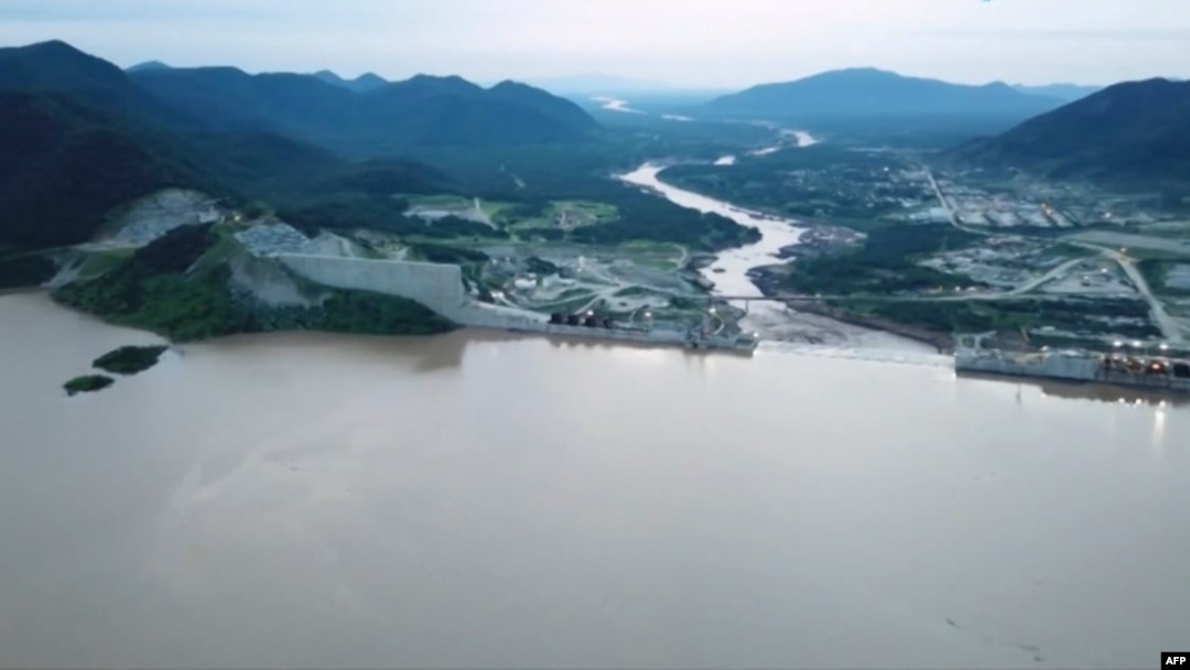 This frame grab from a video obtained from the Ethiopian Public Broadcaster on July 24, 2020, shows an aerial view of water levels at the Grand Ethiopian Renaissance Dam in Guba, Ethiopia.