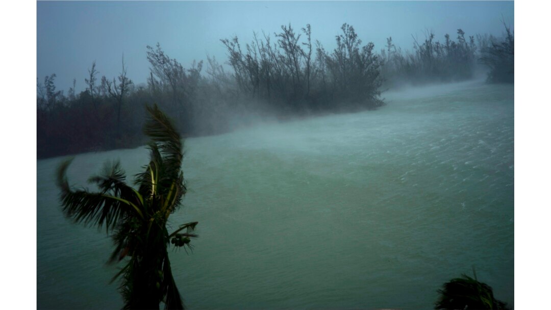 Strong winds from Hurricane Dorian blow the tops of trees and brush while whisking up water from the surface of a canal that leads to the sea, in Freeport, Grand Bahama, Bahamas, Sept. 2, 2019.