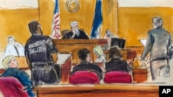 FILE - Donald Trump, far left, watches as the jury foreperson delivers guilty verdicts, with Justice Juan Merchan listening from the bench, in Manhattan Criminal Court on May 30, 2024, in New York. Merchan on Nov. 22, 2024, allowed Trump to seek dismissal of the case.