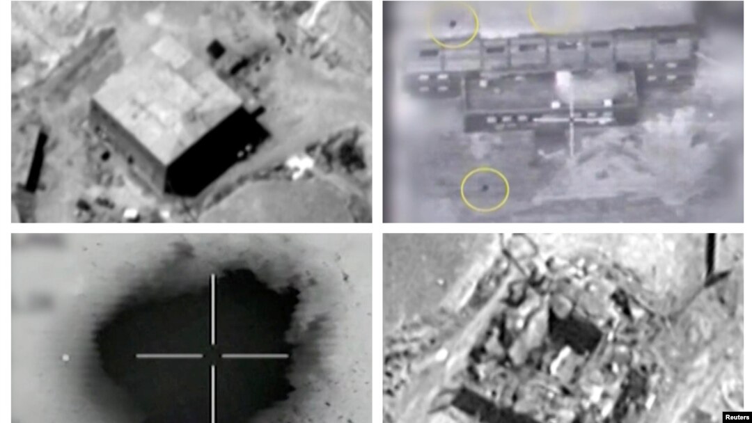 A combination image shows screen grabs taken from video material released March 21, 2018, which the Israeli military describes as an Israeli air strike on a suspected Syrian nuclear reactor site near Deir al-Zor, Sept 6, 2007. Top row: The site before the attack, left, yellow circles depicting bombs during the airstrike on the site, right. Bottom row: An explosion during the airstrike on the site, left, debris seen on the site after the attack, right.