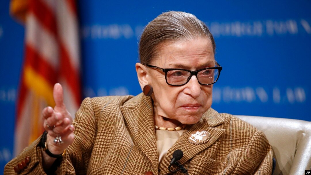 FILE - U.S. Supreme Court Associate Justice Ruth Bader Ginsburg speaks during a discussion on the 100th anniversary of the ratification of the 19th Amendment at Georgetown University Law Center in Washington, Feb. 10, 2020.