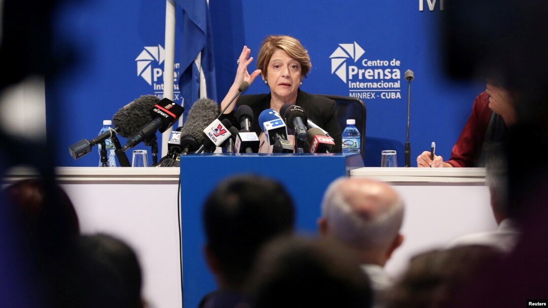U.N. Special Rapporteur Maria Grazia Giammarinaro speaks during a news conference in Havana, Cuba, April 14, 2017. 