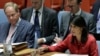 United Kingdom U.N. Ambassador Matthew Rycroft, left, listens as United States U.N. Ambassador Nikki Haley, right, respond to Russia's statements, during United Nations Security Council meeting on North Korea's latest launch of an intercontinental ballist
