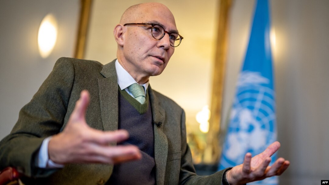 United Nations High Commissioner for Human Rights Volker Tuerk answers Agence France-Presse journalists' questions during an interview at his office in Geneva on Jan. 4, 2023. 