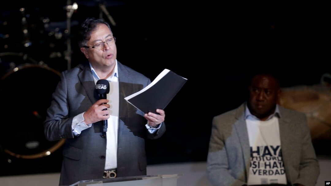 President-elect Gustavo Petro speaks during a ceremony to release a truth commission's final report regarding the country's internal conflict, in Bogota, Colombia, June 28, 2022. 