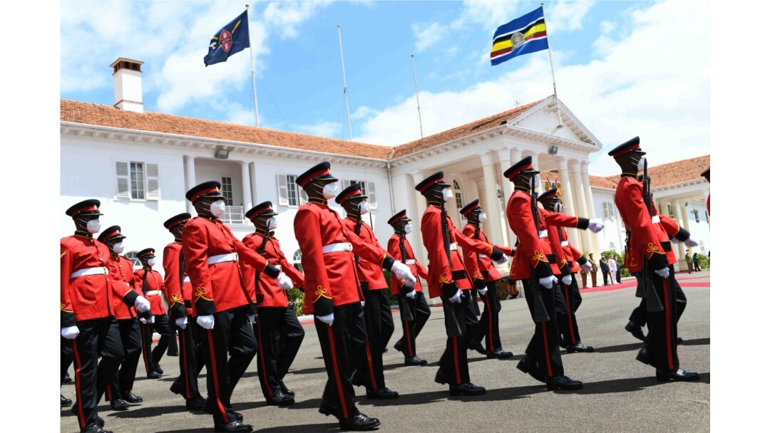 Kenya Defence Forces march past the State House in Nairobi, during the official visit of Tanzanian President Samia Suluhu Hassan, May 4, 2021.