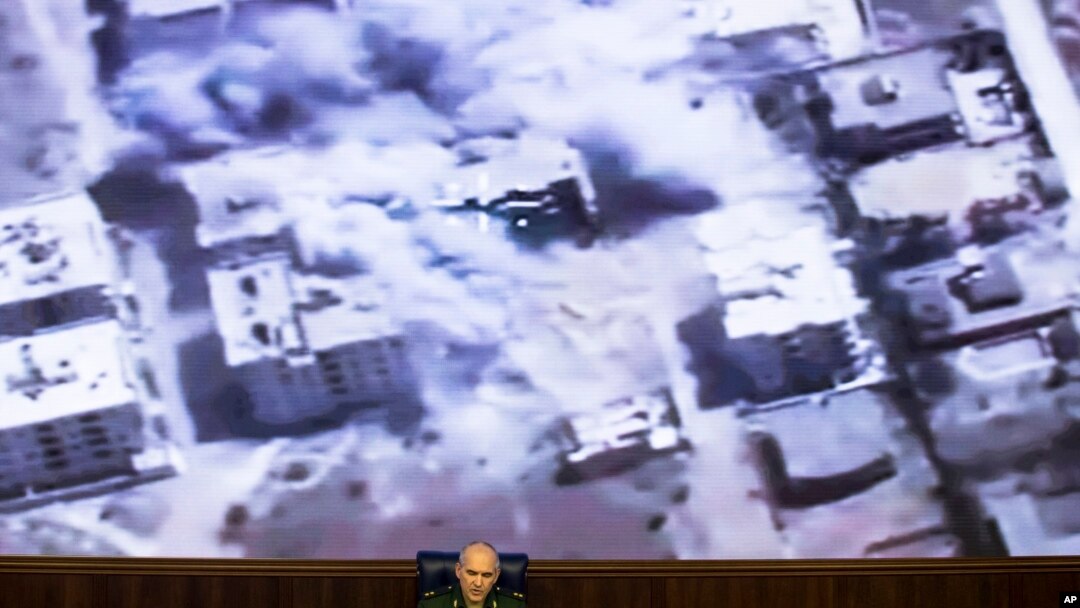 FILE - Lt. Gen. Sergei Rudskoi of the Russian military's General Staff speaks at a briefing at the Russian Defense Ministry's headquarters in Moscow, Russia.