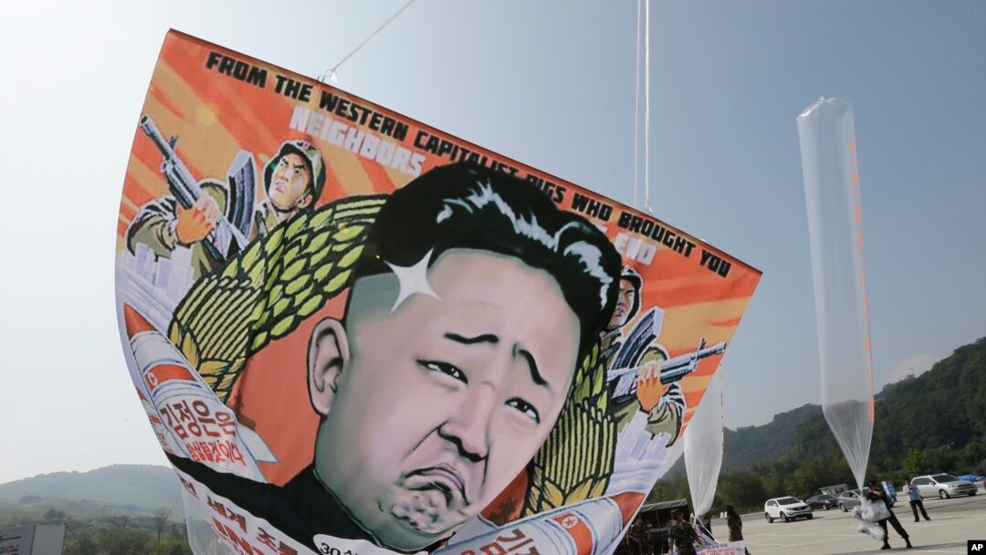 북한 정권 수립 66주년을 맞은 지난 8일 한국 탈북자단체 회원들이 파주시에서 김정은 정권을 비난하는 대북 전단을 풍선에 매달아 날려보내고 있다. 