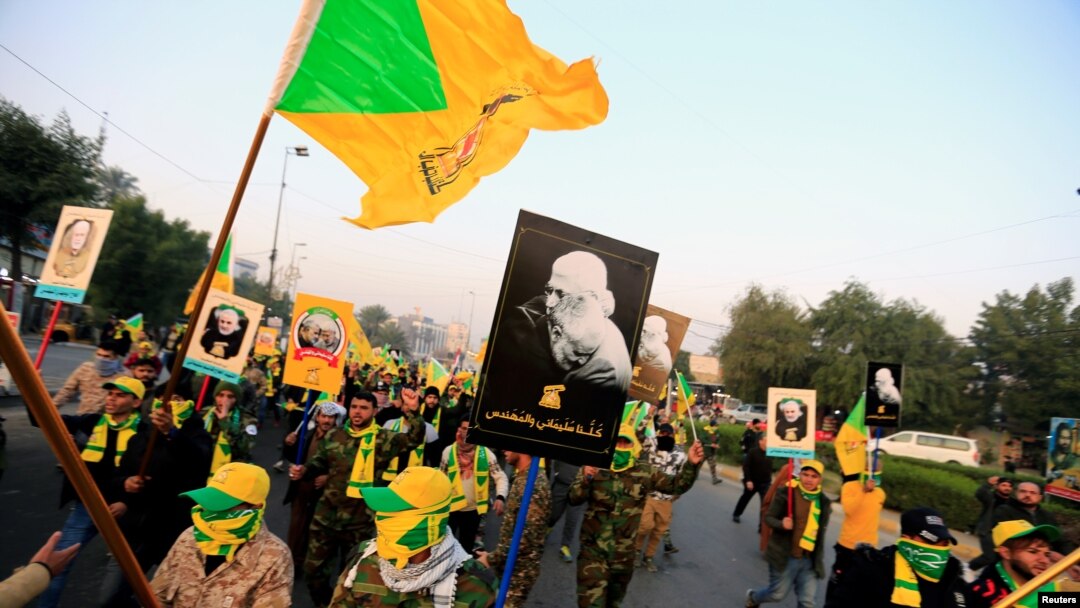 Kataib Hezbollah Iraqi militia gather ahead of the funeral of the Iraqi militia commander Abu Mahdi al-Muhandis, who was killed in an air strike at Baghdad airport, in Baghdad, Jan. 4, 2020.