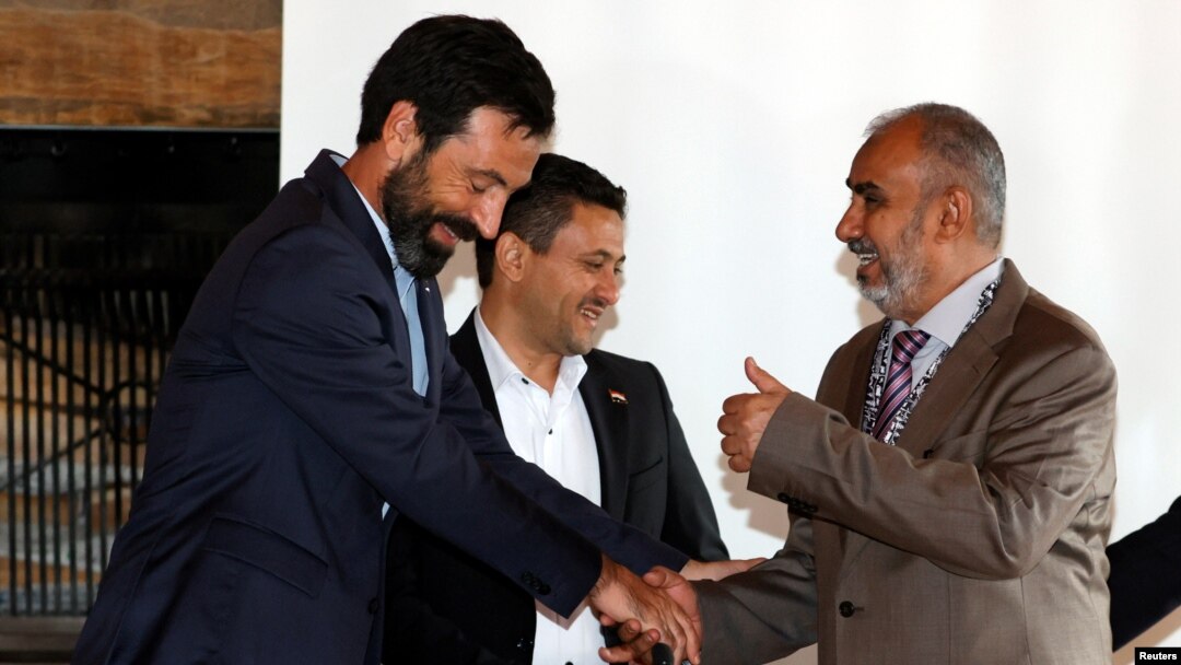Fabrizio Carboni, regional director for the Near and Middle East of the ICRC, Abdulkader al-Murtada, head of the Houthi prisoner exchange committee and Hadi Haig, head of the Yemeni government delegation, in Glion, Switzerland, Sept. 27, 2020..