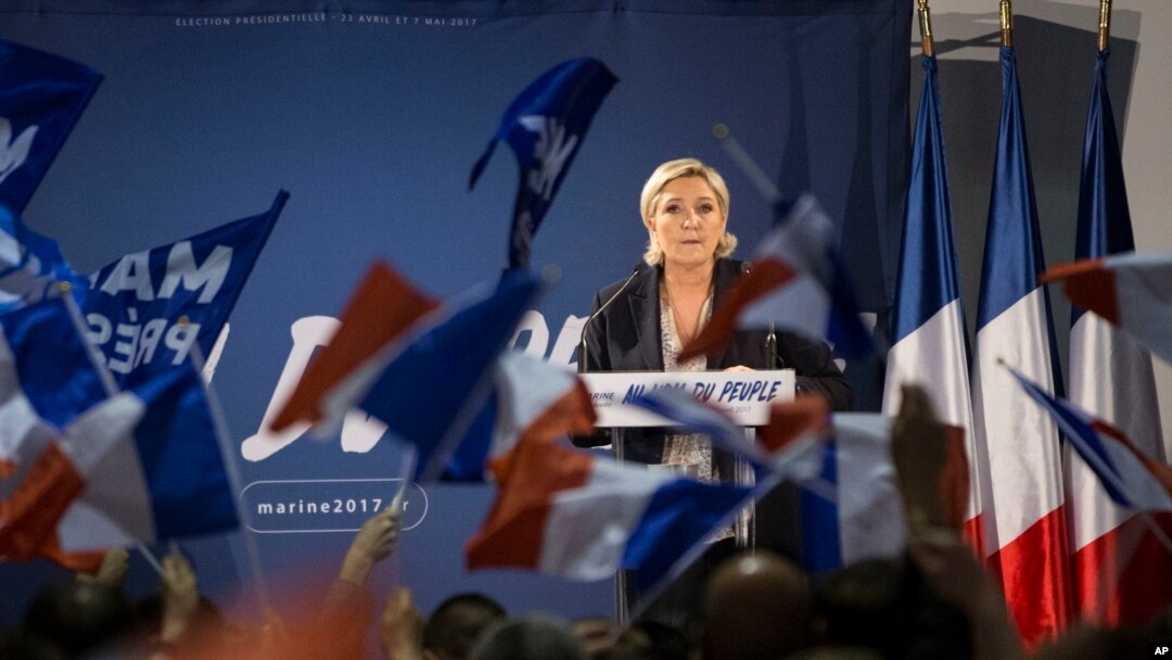 Far-right candidate for the presidential election Marine Le Pen speaks during a campaign meeting in Arcis-sur-Aube, near Troyes, France, April 11, 2017. Le Pen argues that Muslim immigration and economic globalization are destroying France's identity.