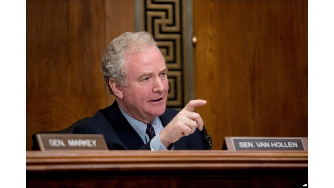 FILE - Sen. Chris Van Hollen, D-Md., questions a witness on Capitol Hill in Washington, Jan. 16, 2019.