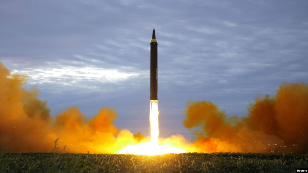 A missile is launched during a long and medium-range ballistic rocket launch drill in this undated photo released by North Korea's Korean Central News Agency in Pyongyang on Aug. 30, 2017.
