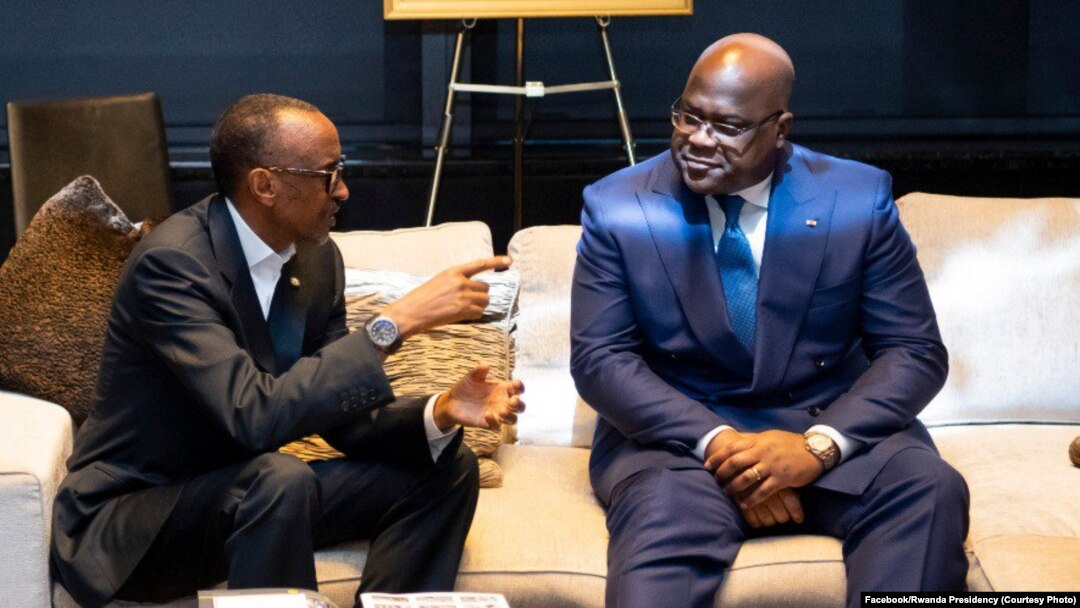 Président Félix Tshisekedi ya RDC (D) na bokutani na mokokani wa ye ya Rwanda Paul Kagame, na New York, 23 septembre 2019. (Facebook/Présidence Rwanda)