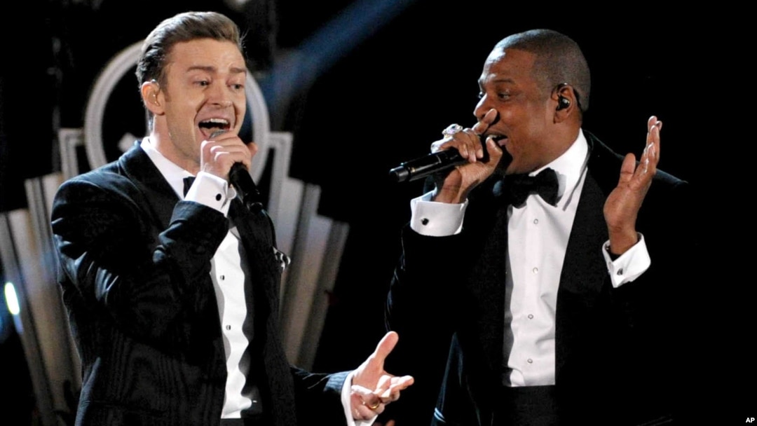 Recording artists Just Timberlake, left, and Jay-Z performing at the 55th annual Grammy Awards in Los Angeles, Feb. 10, 2013.