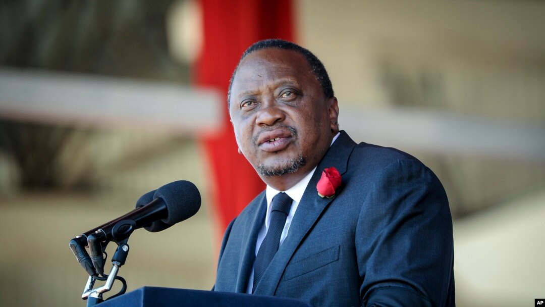 Kenya's President Uhuru Kenyatta speaks during the state funeral of Kenya's former president Daniel arap Moi, at Nyayo Stadium in the capital Nairobi, Feb. 11, 2020. 