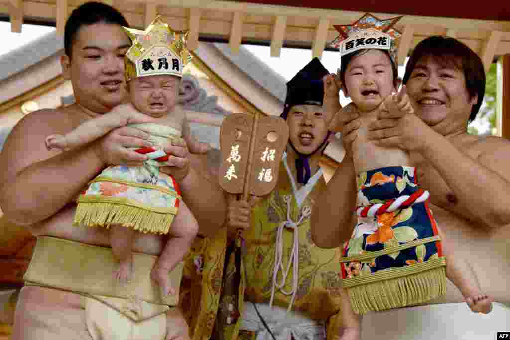 Sumo wrestlers hold up crying babies in front of a referee (C) clad in a traditional costume during a "Baby-cry Sumo" event at the Kamegaike-Hachiman Shrine in Sagamihara, Kanagawa prefecture, Japan.