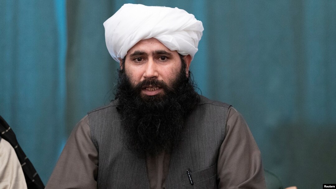 Mohammad Naeem, spokesman for the Taliban's political office, speaks during a joint news conference in Moscow, Russia, March 19, 2021. (Alexander Zemlianichenko/Pool via Reuters)