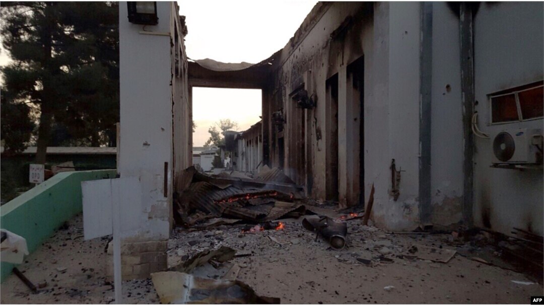 In this photograph released by Medecins Sans Frontieres (MSF) on Oct. 3, 2015, fires burn in part of the MSF hospital in the Afghan city of Kunduz after it was hit by an air strike.