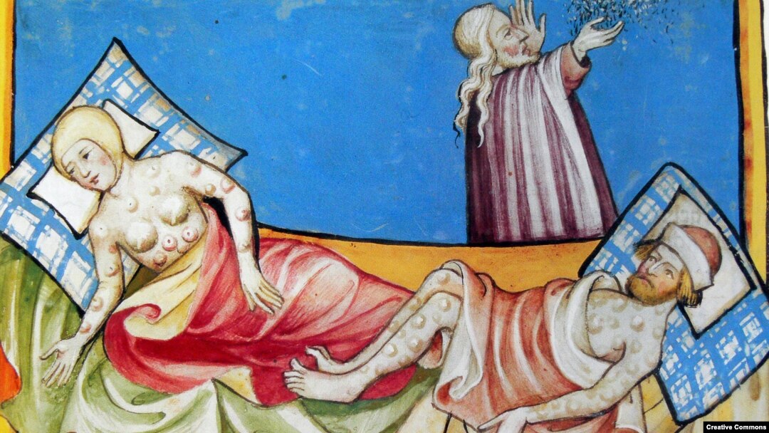 An llustration of the Black Death is seen in this image from the Toggenburg Bible (1411).